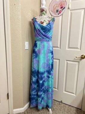 Reign Aqua & Purple Tie-Dye Maxi Dress with Beaded Straps